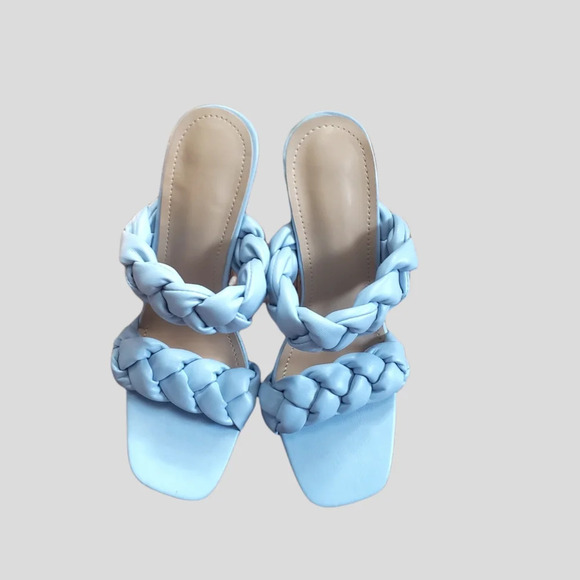 Blue Braided Sandals Women's Size 8 Faux Leather Block Heel Unbranded - Picture 2 of 6